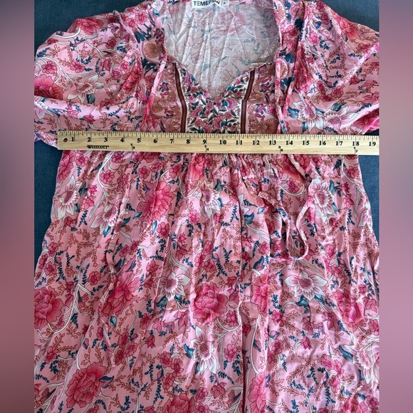 Temofon Womens Pink Floral Boho Mini Dress SZ MD New 3/4 Sleeve Flowy V Neck - Picture 10 of 10